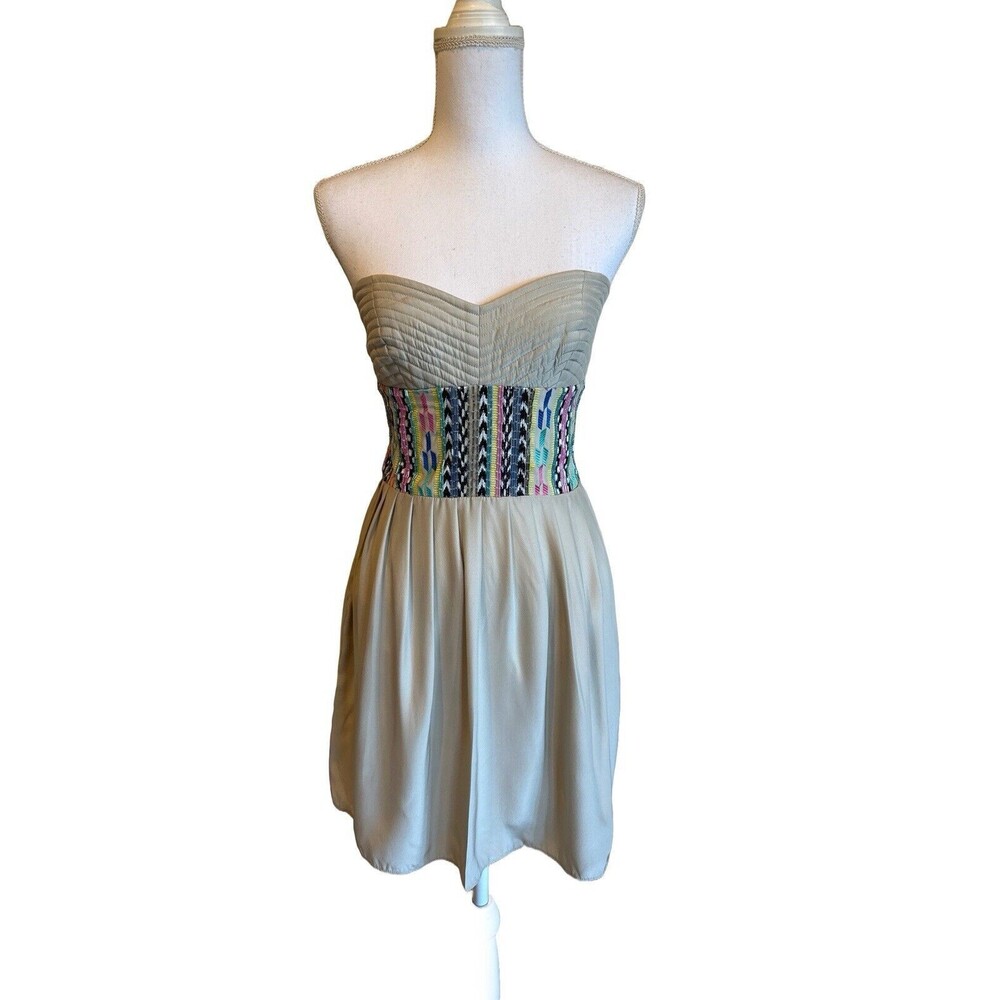 Parker Women's S Silk Light Beige Mini Dress w/ Beading & Embroidery Strapless
